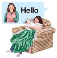 Woman looking at her phone screen and waving hello. A text bubble shows another woman checking her phone with the word hello