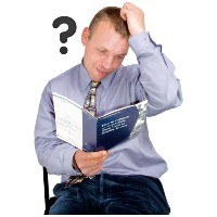 Man reading a document. He is scratching his head and looks confused, with a question mark beside him