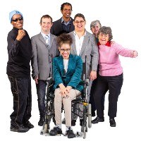 A group of people smiling. They are of different ages and have different disabilities.