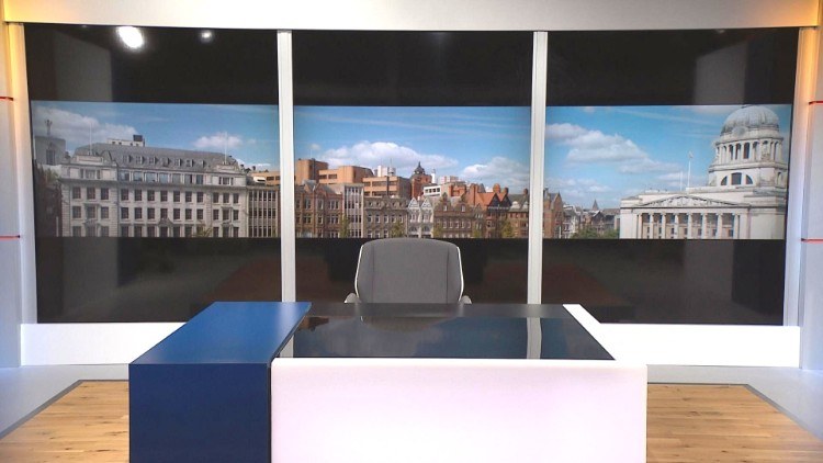 TV news studio with a view of central Nottingham and Nottingham Council House