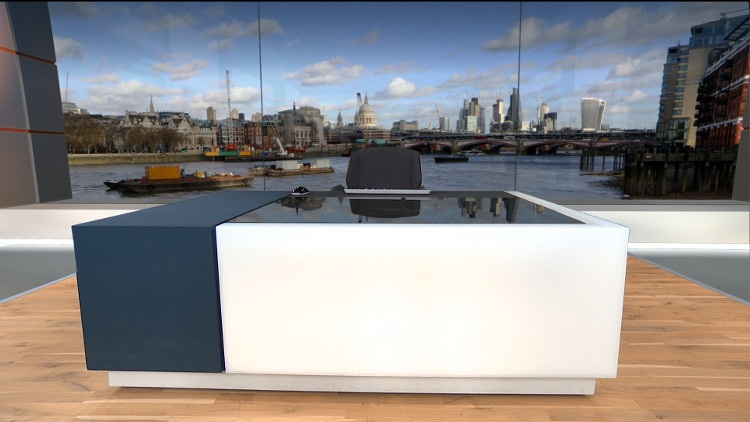 TV news desk with view of the Thames, the towers of the City of London and St Paul’s Cathedral