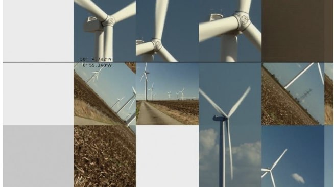 A grid of square images, some solid white and grey, others showing details of wind turbines and ploughed fields