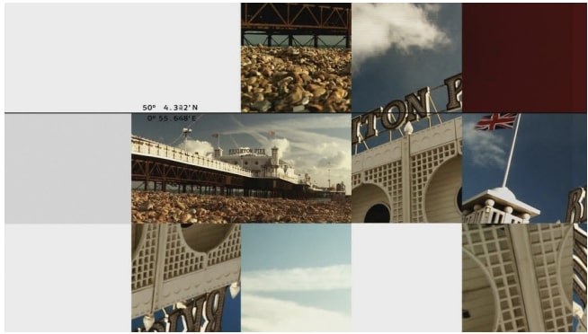 A grid of images showing details of the woodwork of Brighton Pier and pebbles on the beach