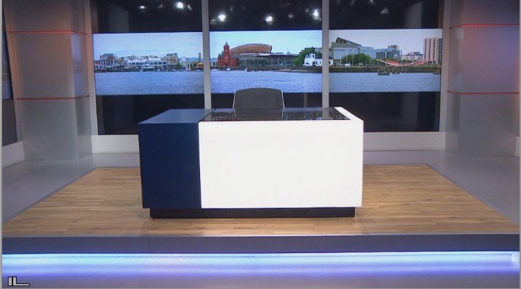 TV news studio with a view over Cardiff Bay to the Senedd Building and the Wales Millennium Centre