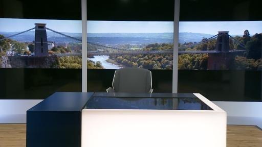 TV news studio with a view over the River Avon and Bristol’s Clifton Suspension Bridge with its two towers