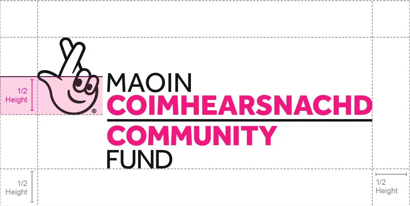 The National Lottery Community Fund logo in Gaelic showing the space around the logo should be at least half the height of the crossed fingers symbol