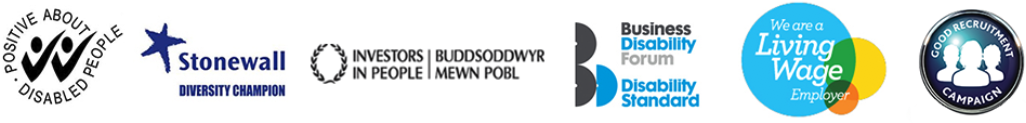 The logos of Positive About Disabled People, Stonewall, Investors In People, Business Disability Forum and Living Wage Employer The logos of Positive About Disabled People, Stonewall, Investors In People, Business Disability Forum and Living Wage Employer