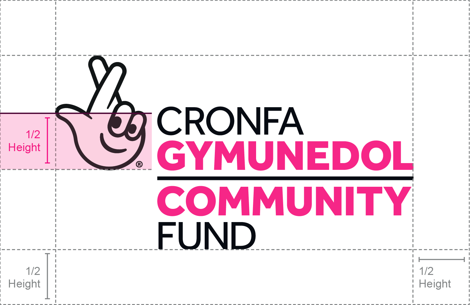 Dylai logo Cronfa Gymunedol y Loteri Genedlaethol yn Gymraeg sy'n dangos y gofod o amgylch y logo fod o leiaf hanner uchder y symbol bysedd croes