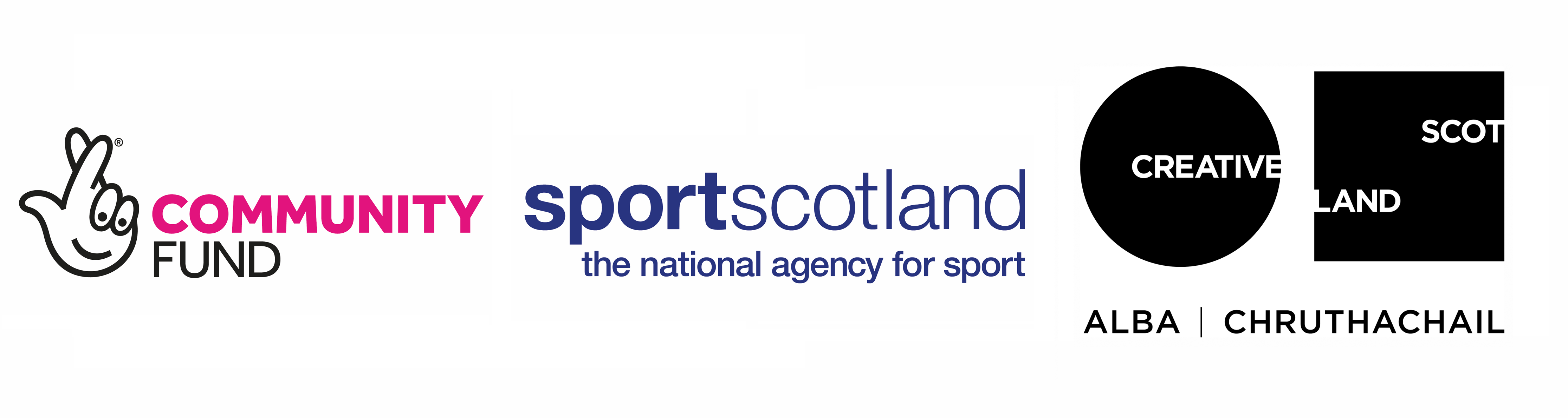 Logos for The National Lottery Community Fund, sport scotland and Creative Scotland.