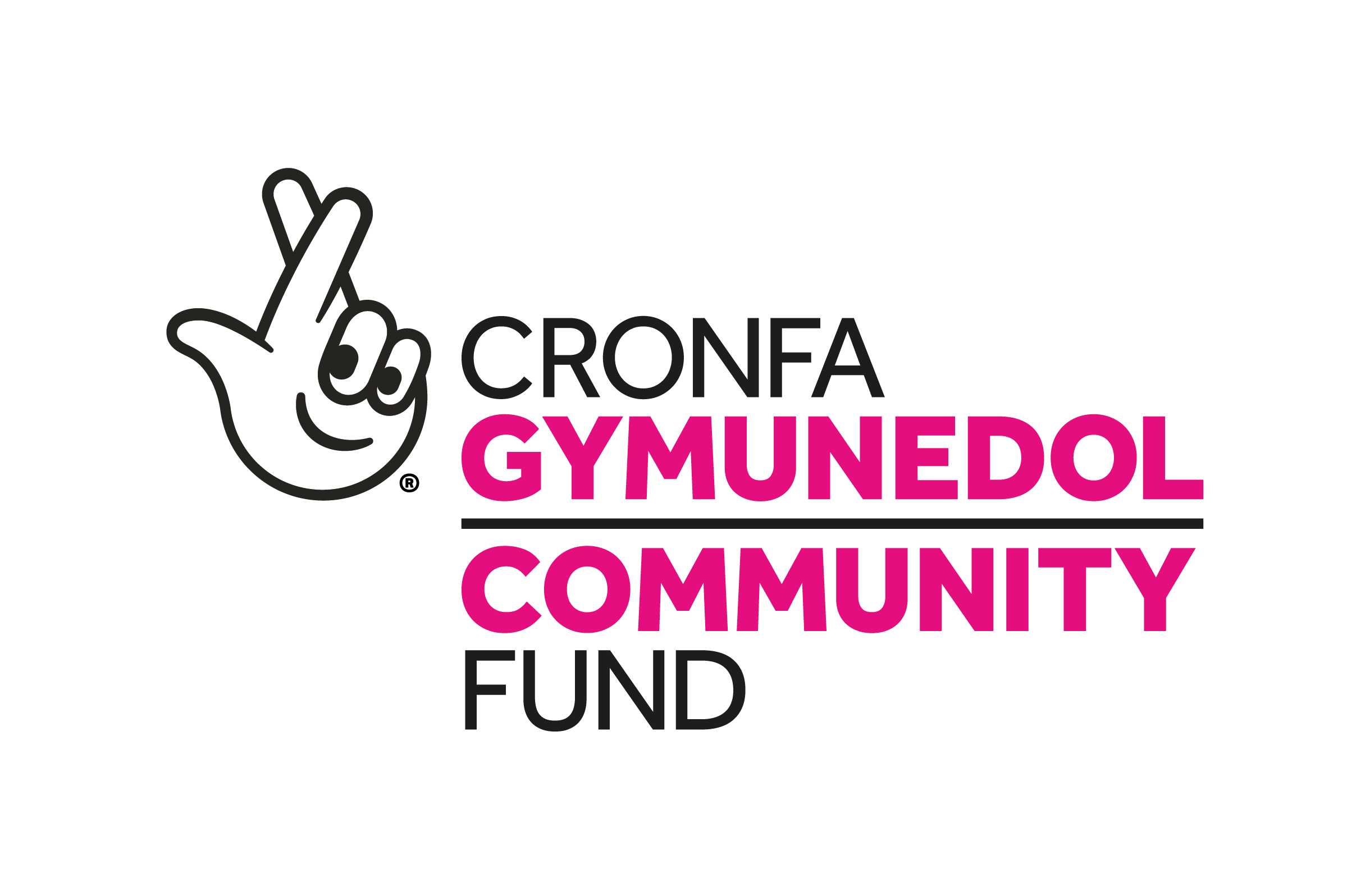 Cronfa Gymunedol / Community Fund — logo swyddogol dwyieithog y Loteri Genedlaethol / official bilingual National Lottery logo